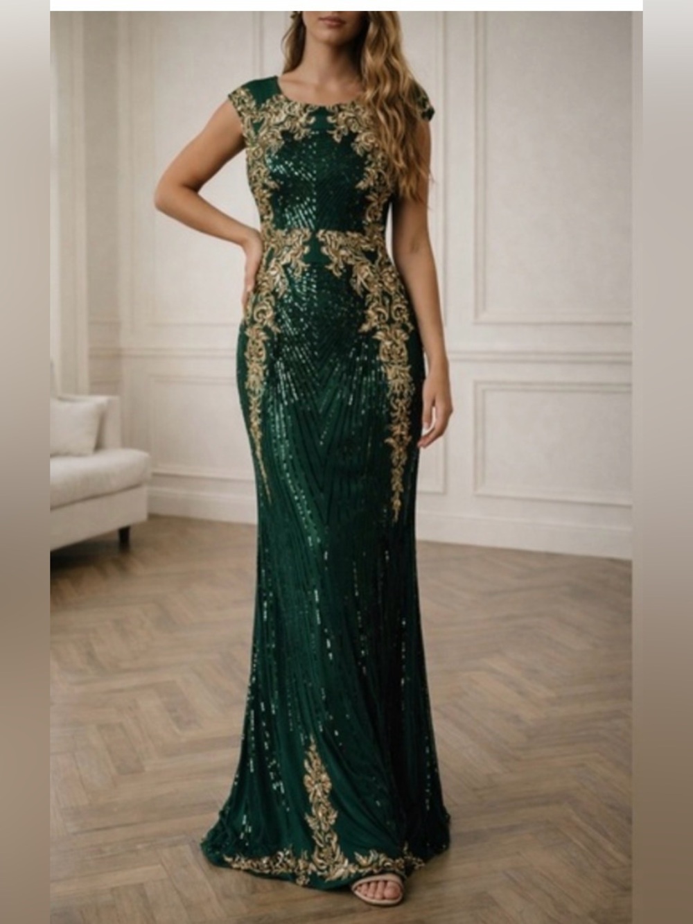 Baltic Born Azura Green Gold Sequin Formal Evening Wedding Guest Gown Dress